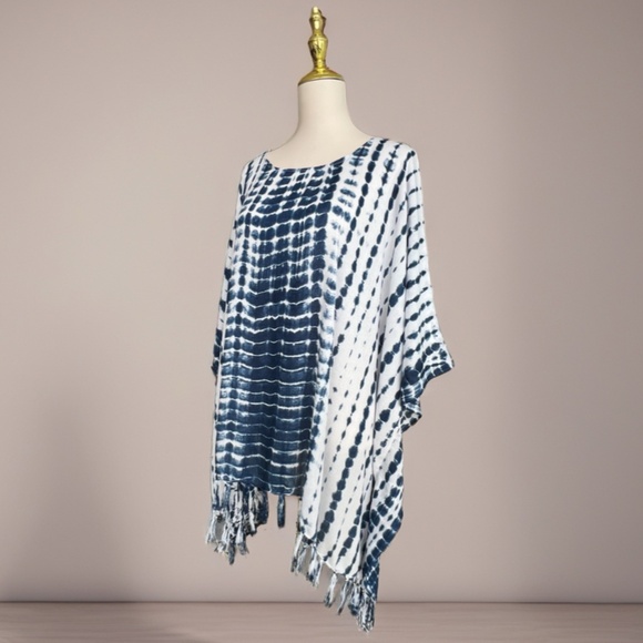 0098/ White and Navy  Blue Tie Dye  Poncho with fringed, Short Kaftan - Picture 6 of 8